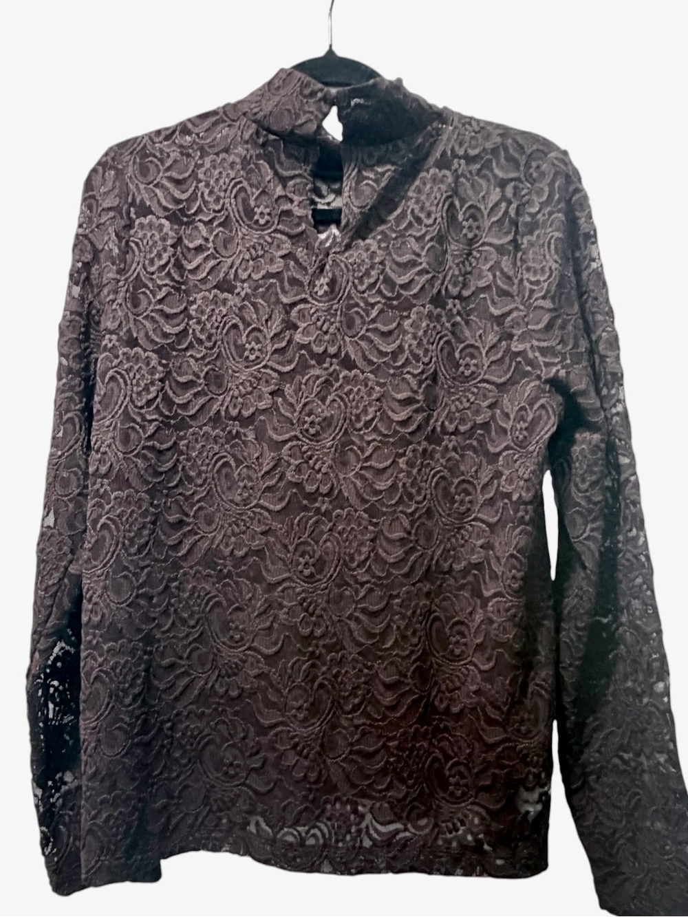 NWT, LOFT Iced Espresso/ Brown, Lace High-Neck Long Sleeve Blouse